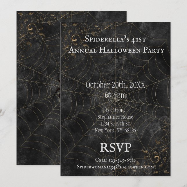 Golden Spider Web Fancy Halloween Party Invitation (Front/Back)