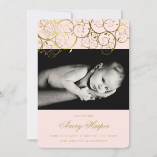 Golden Spirals Baby Girl Photo Birth Announcement