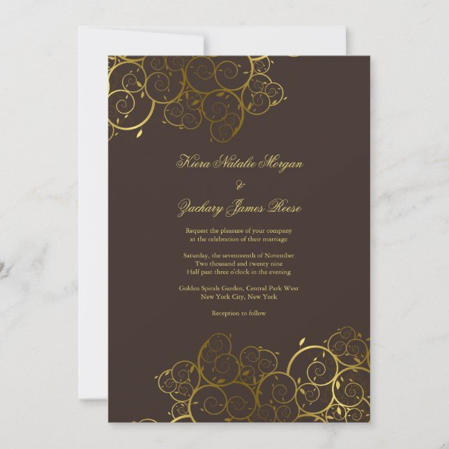 Golden Spirals Vine Classy Expresso Wedding Invite (Front)