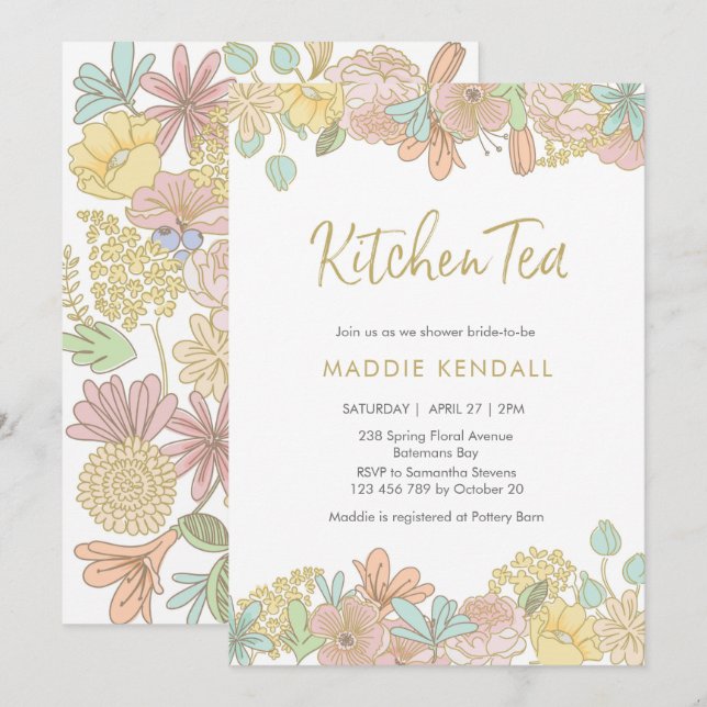 Golden Spring floral Kitchen Tea Party Invitation (Front/Back)