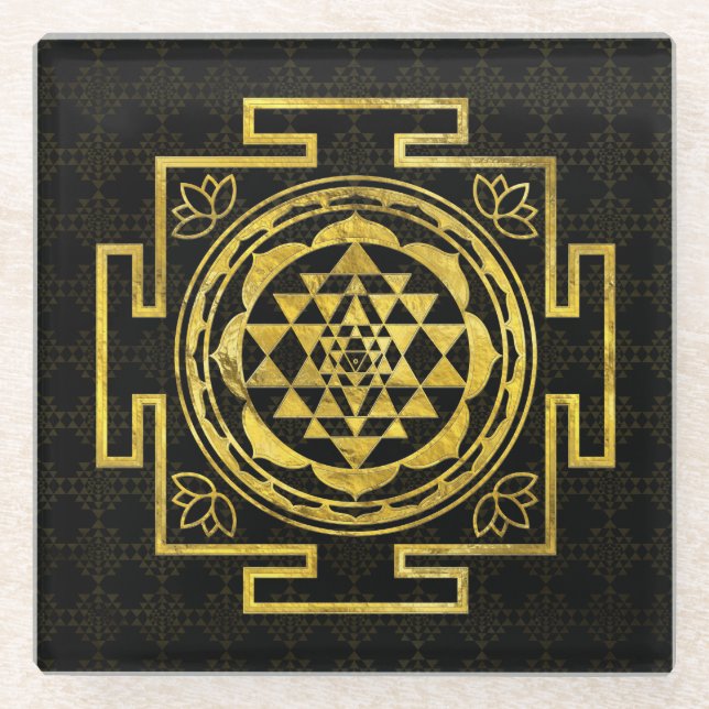 Golden Sri Yantra  / Sri Chakra Glass Coaster (Front)
