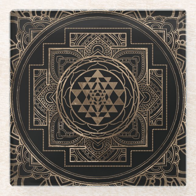 Golden Sri Yantra  / Sri Chakra in lotus Glass Coaster (Front)