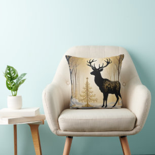 Golden Stag in the Winterlight Forest Throw Pillow