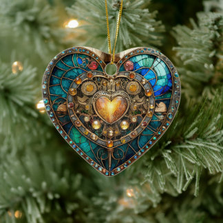 Golden Stained Glass Heart Steampunk Series Ceramic Ornament