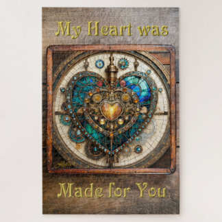 Golden Stained Glass Heart Steampunk Series Jigsaw Puzzle