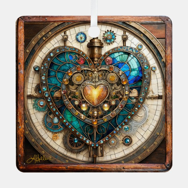 Golden Stained Glass Heart Steampunk Series Metal Ornament (Front)
