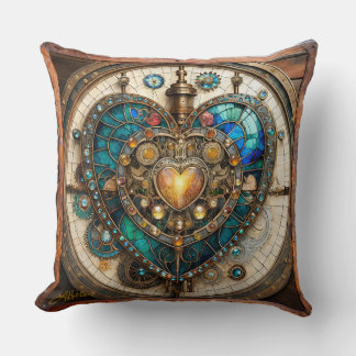 Golden Stained Glass Heart Steampunk Series Throw Pillow
