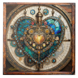 Golden Stained Glass Heart Steampunk Series Tile