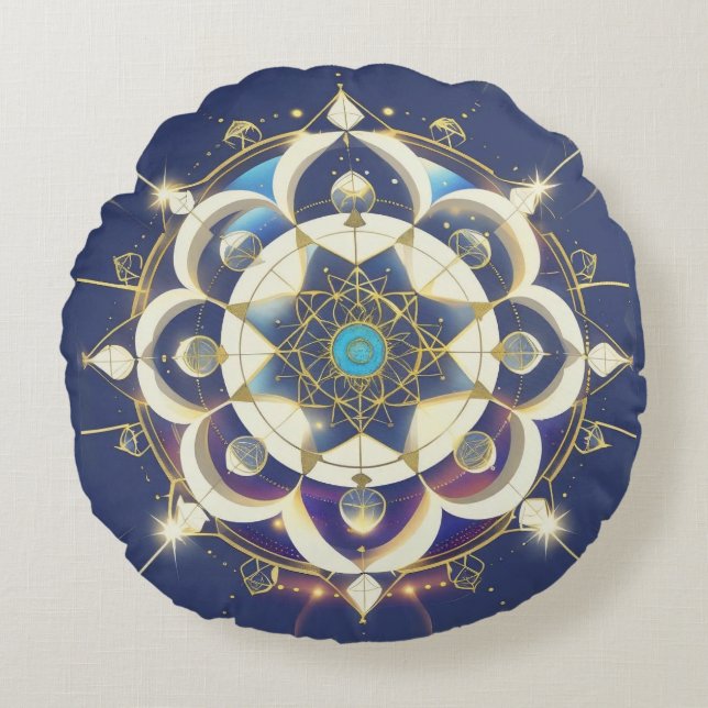 Golden Star Alignment – A Sacred Geometry Universe Round Pillow (Front)