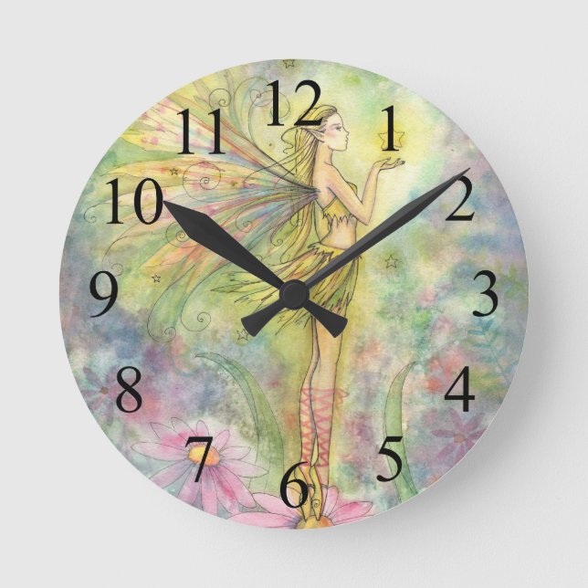 Golden Star Fairy Fantasy Art Clock (Front)