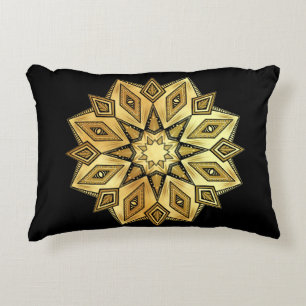 Golden Star Mandala on Black Background Accent Pillow