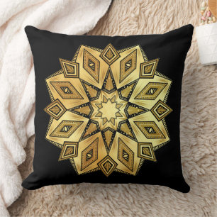 Golden Star Mandala on Black Background Throw Pillow
