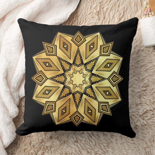 Golden Star Mandala on Black Background Throw Pillow (Blanket)