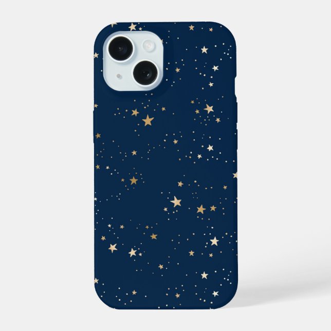 Golden Star on Blue Night Pattern iPhone 15 Case (Back)