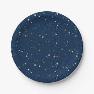Golden Star on Blue Night Pattern Paper Plate