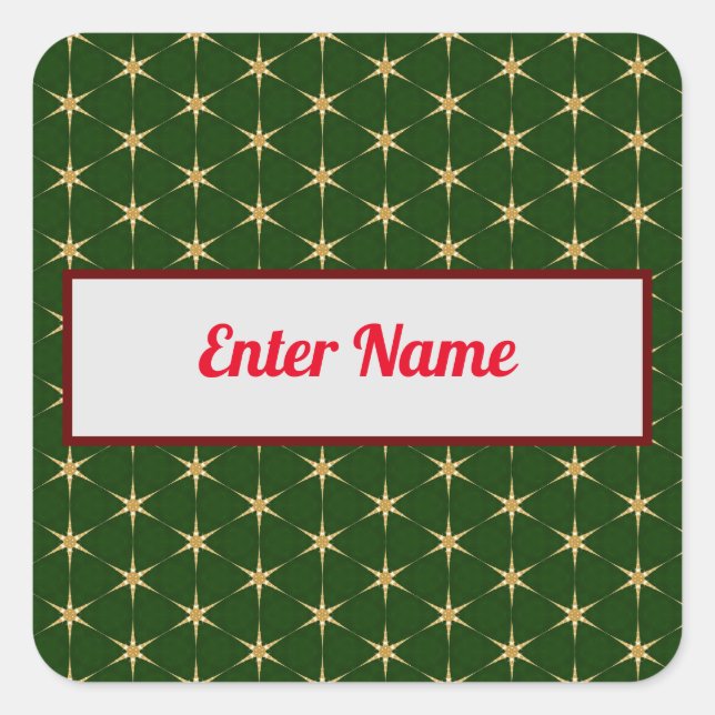 Golden Star pattern on a green background Square Sticker (Front)