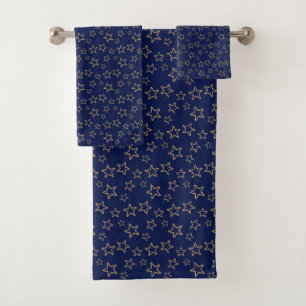 Golden Star Silhouettes on Navy Blue Bath Towel Set