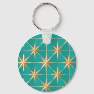 Golden Starburst Geometric Teal Midcentury Keychain