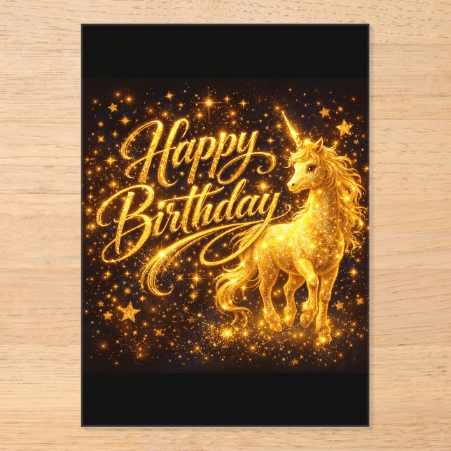 Golden Stardust Birthday — Fantasy Unicorn  Acrylic Invitations (Front)