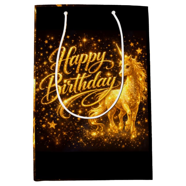 Golden Stardust Birthday — Fantasy Unicorn Medium Gift Bag (Front)