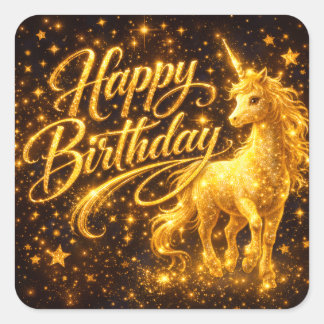 Golden Stardust Birthday — Fantasy Unicorn Square Sticker