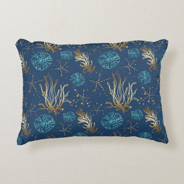 Golden Starfish & Coral Reef Pattern on Blue Accent Pillow (Front)