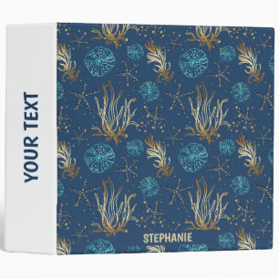 Golden Starfish & Coral Reef Pattern on Blue Binder