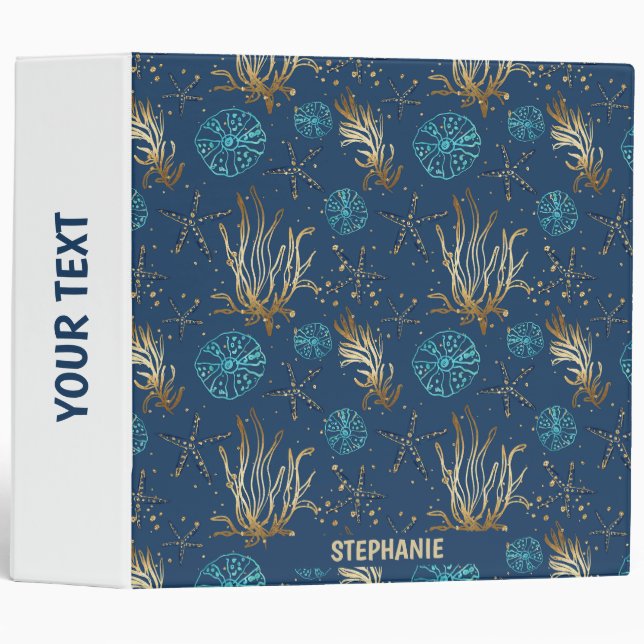 Golden Starfish & Coral Reef Pattern on Blue Binder (Front/Spine)