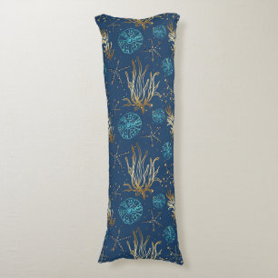 Golden Starfish & Coral Reef Pattern on Blue Body Pillow