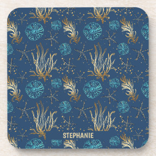 Golden Starfish & Coral Reef Pattern on Blue Coaster