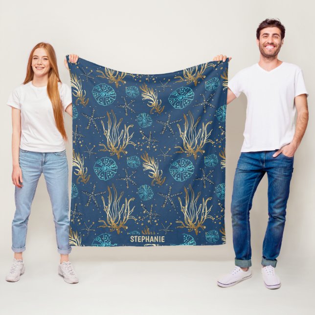 Golden Starfish & Coral Reef Pattern on Blue Fleece Blanket (In Situ)