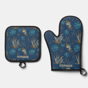 Golden Starfish & Coral Reef Pattern on Blue Oven Mitt & Pot Holder Set