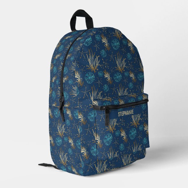 Golden Starfish & Coral Reef Pattern on Blue Printed Backpack (Back Corner Left)