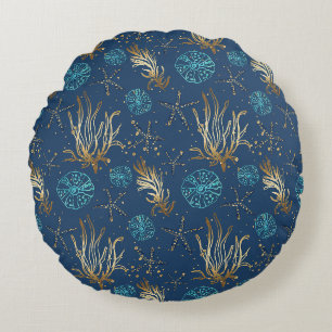 Golden Starfish & Coral Reef Pattern on Blue Round Pillow