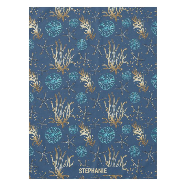 Golden Starfish & Coral Reef Pattern on Blue Tablecloth (Front)