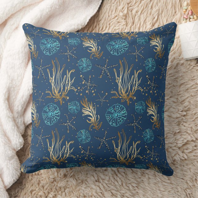 Golden Starfish & Coral Reef Pattern on Blue Throw Pillow (Blanket)