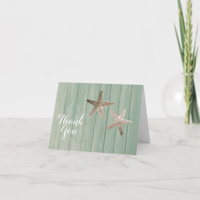 Golden Starfish & Wood Elegant Beach Thank You Card (Front)