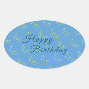 Golden Starry Moon, Picton Blue Happy Birthday  Oval Sticker