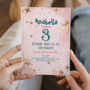 Golden Stars and Pink Kids Birthday Party  Invitation