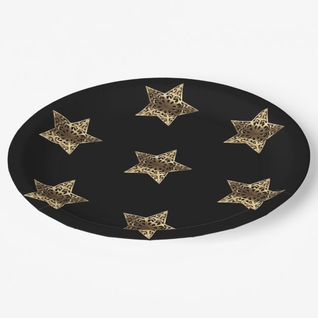 Golden Stars Black and Gold Festive Elegant Paper Plate (Angled)