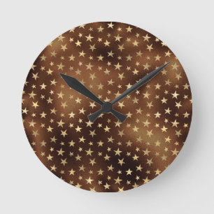 Golden Stars Bronze Brown Starry Sky Glam Chic Round Clock