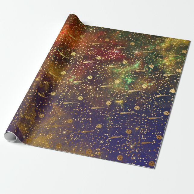 Golden Stars Confetti Celestial Firmament Comets Wrapping Paper (Unrolled)