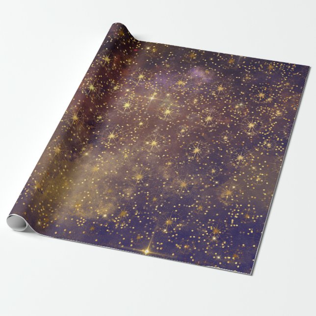 Golden Stars Confetti Celestial Galaxy Firmament Wrapping Paper (Unrolled)