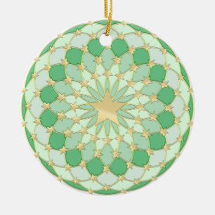 Golden stars expanding circles on pastel green ceramic ornament