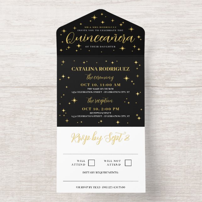 Golden Stars & Flares No Photo Quinceañera  All In One Invitation (Inside)