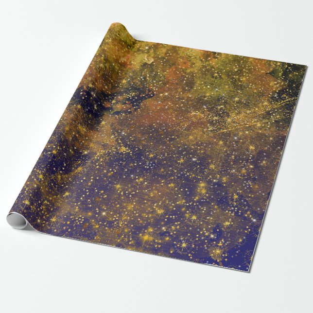 Golden Stars Galaxy Celestial Firmament Mustard Wrapping Paper (Unrolled)
