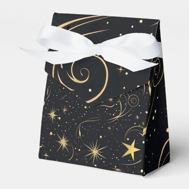 Golden Stars Gift Box with Ribbon and Lid (Front Side)