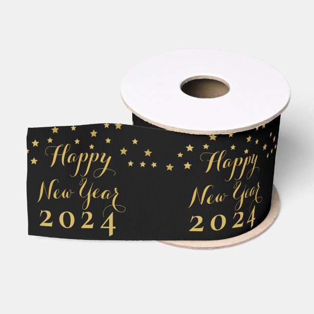 Golden Stars - Happy New Year 2024 Satin Ribbon Grosgrain Ribbon (Spool)