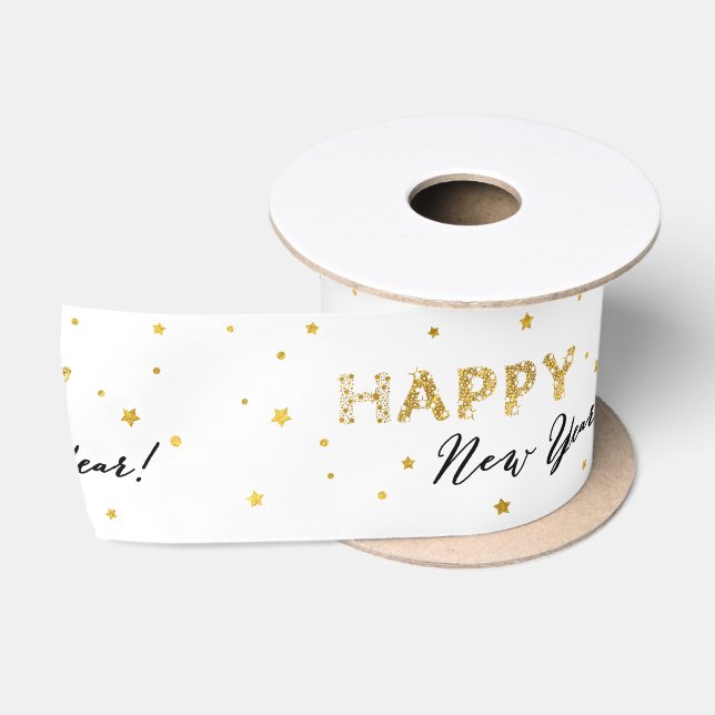 Golden Stars - Happy New Year Satin Ribbon (Spool)