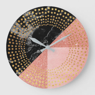 Golden Stars Marble Black Glitter Pink Rose Gold Large Clock